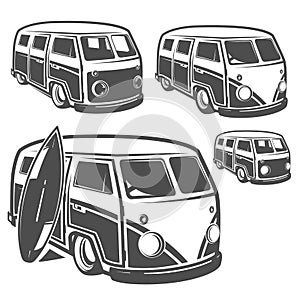 Set of surf car and surfer bus for emblems ,logo and prints.