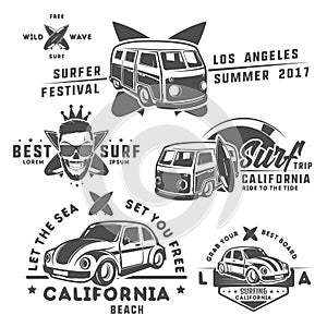 Set of surf car and surfer bus for emblems ,logo and prints.