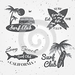 Set of Surf club concept Vector Summer surfing retro badge. Surfer club emblem , rv outdoors banner, vintage background. Boards