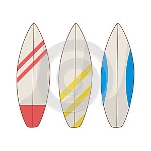 Set of surfboard on white background. Sea extreme sport. Wood surf board Summer Surfing trendy flat style for graphic