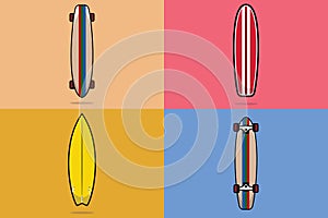 Set of Surfing Board and Skateboard vector illustration. Summer beach and Sport object icon concept.