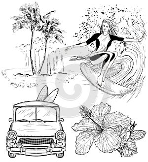 Set of Surfing Design beach style sketches