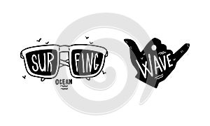 Set of Surfing Logo Design, Surf Club, Shop Monochrome Labels and Emblems Vector Illustration