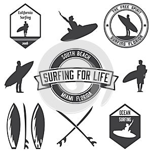 Set of surfing logos bundle, emblems and badges.