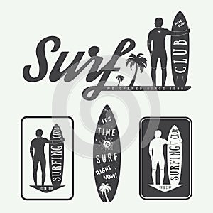 Set of surfing logos, labels, badges and elements in vintage sty