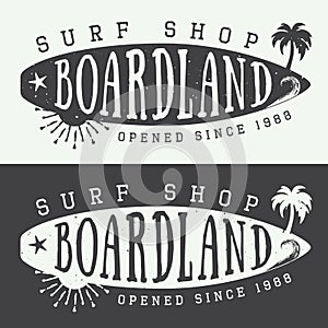 Set of surfing logos, labels, badges and elements in vintage style. Vector illustration