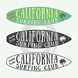 Set of surfing logos, labels, badges and elements in vintage style.