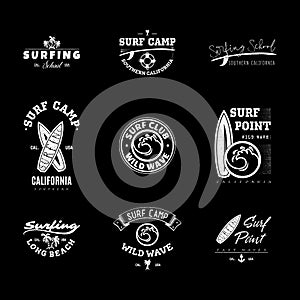A set of surfing for printing. Wild wave logo, surf point sticker, elements of boards for school surfing.