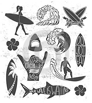 Set of surfing vintage design elements. Surf logo vector illustration. Surfboard logotypes. Retro