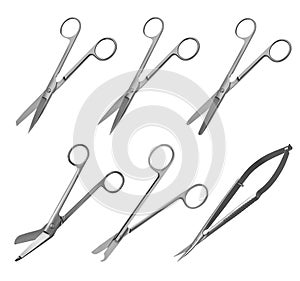 Set of surgical articulated scissors with various blade shapes and different purposes. Vector illustration