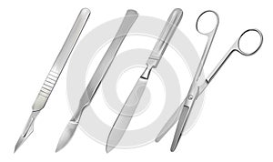 A set of surgical cutting tools. Reusable all-metal scalpel, delicate pointed scalpel with removable blade, amputation