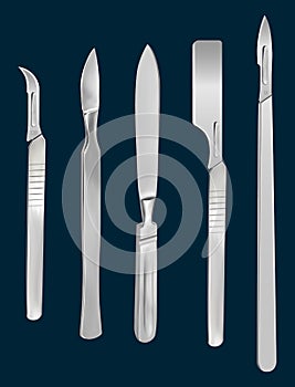 Set of surgical cutting tools. Reusable all-metal scalpel, scalpels with removable blades, Liston s amputation knife