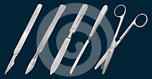 A set of surgical cutting tools. Reusable scalpel, delicate scalpel with removable blade, amputation knife Liston