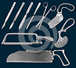 Set of surgical cutting tools. Reusable scalpels, Liston amputation knife , metacarpal saw, straight scissors, saw sheet