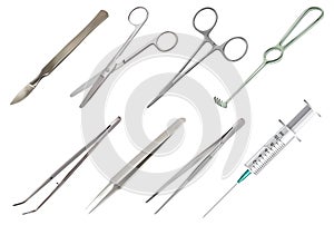 Set of surgical instruments. Different types of tweezers, all-metal reusable scalpel, clip with fastener, straight photo