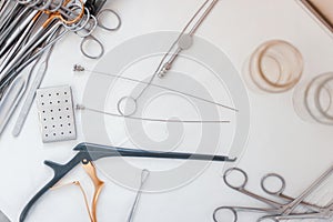 Set of surgical instruments made of stainless steel for a neurosurgeon. Medical equipment for surgery. Modern medicine.