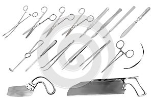 A set of surgical instruments. Tweezers, scalpels, Liston s amputation knife, clamp, scissors, Folkman hook, Meyer