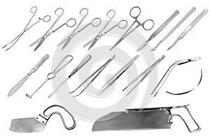 A set of surgical instruments. Tweezers, scalpels, Liston s amputation knife, clamp, scissors, Folkman hook, Meyer
