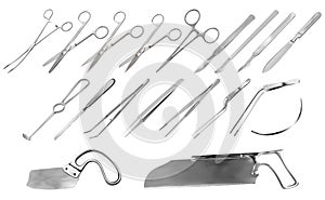 Set of surgical instruments. Tweezers, scalpels, Liston s amputation knife, clamp, scissors, Folkman hook, Meyer forceps