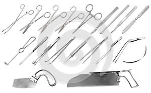 Set of surgical instruments. Tweezers, scalpels, Liston s amputation knife, clamp, scissors, Folkman hook, Meyer forceps, needle,