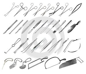 Set of surgical instruments. Tweezers, scalpels, saws, amputation knives, microsurgical forceps and clamps, abdominal