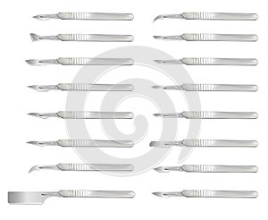 Set of surgical scalpels with removable blades of various shapes. Medical operating hand tool. Realistic objects on a