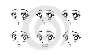 Set of surprised and scared anime faces. Hand drawn vector cartoon illustration