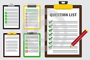 Set of survey list or questionnare list report in flat style.