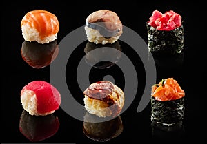Set of sushi balls and maki rolls