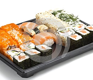 Set of sushi in black plastic box