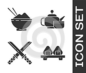 Set Sushi on cutting board, Rice in a bowl with chopstick, Traditional Japanese katana and Japanese tea ceremony icon