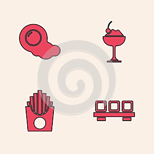 Set Sushi on cutting board, Scrambled eggs, Ice cream bowl and Potatoes french fries box icon. Vector