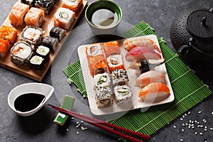 Set of sushi, maki and green tea