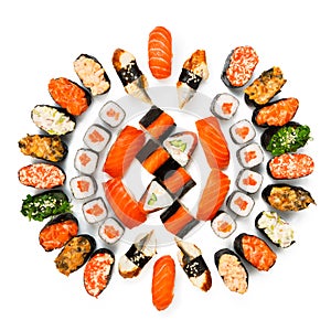 Set of sushi, maki, gunkan and rolls isolated at white