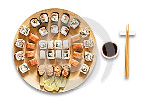 Set of sushi maki and rolls isolated at white.