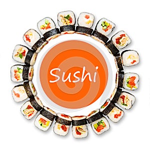 Set of sushi, maki and rolls isolated on white background