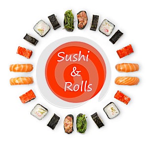 Set of sushi, maki and rolls isolated on white background