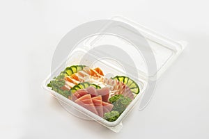 set of sushi in a plastic box, delivered home ready to eat fast healthy food.