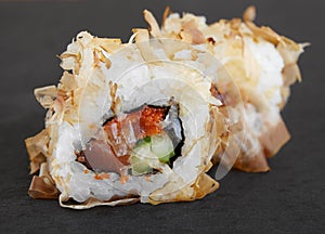 Set of sushi roll, fish delicacy close-up