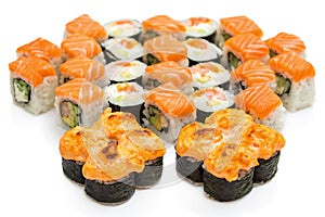 Set of Sushi roll, with shadows and reflection on a white background