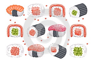Set of sushi rolls and chopsticks on a white background. Asian food icons, restaurant menu