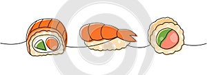 Set of sushi rolls. Japanese cuisine, traditional food one line drawing. Philadelphia roll, shrimp nigiri, ebi sushi