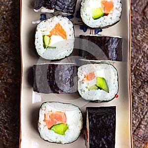 Set of sushi rolls on the palte