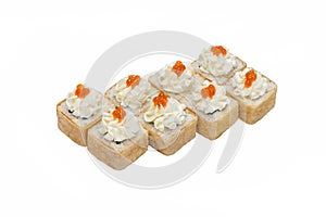 Set of sushi rolls with seafood, cream cheese, decorated with red caviar. Isolated on white, close-up.