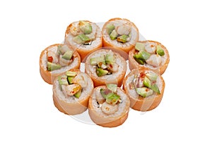 Set of sushi rolls with seafood, cream cheese, decorated with red caviar. Isolated on white, close-up.