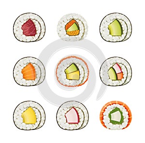 Set sushi rolls with various ingredient. Fast-food collection