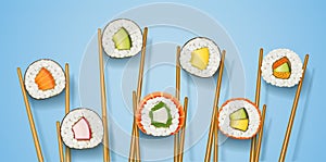 Set sushi rolls with various ingredient. Fast-food collection