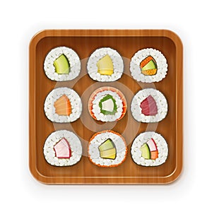 Set sushi rolls with various ingredient on wooden tray. Fast-food collection