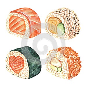 A set of sushi rolls with various tastes. Watercolor illustration. Asian, Japanese, Korean cuisines.Healthy hand drawn