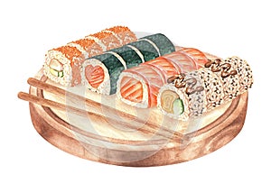 Set of sushi rolls. Watercolor illustration. Rice nigiri with salmon, caviar, vegetables, shrimp. A dish of Japanese